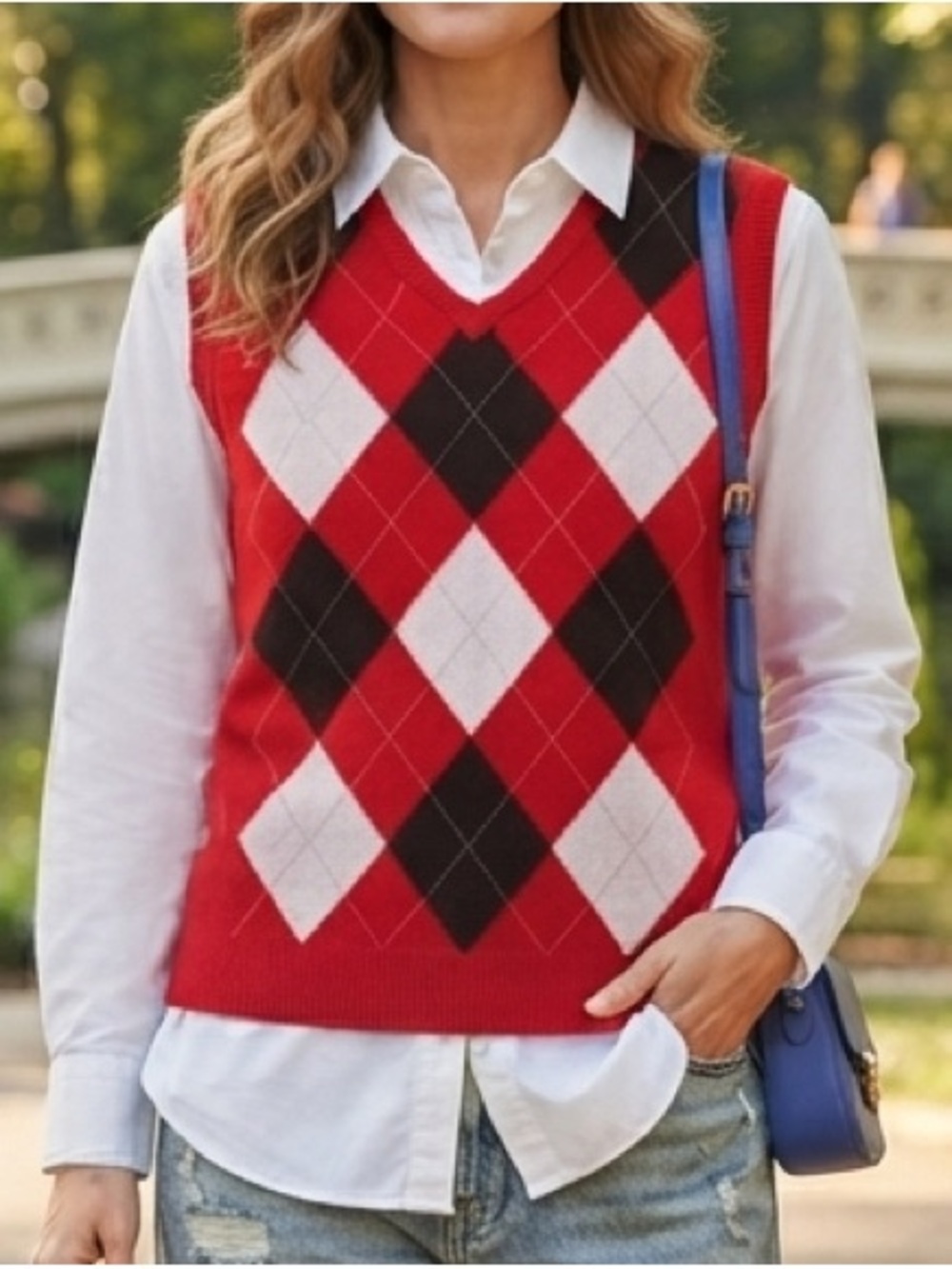 Red Black White Argyle V-Neck Blue Ocean Knit Sweater Vest L Preppy Golf College